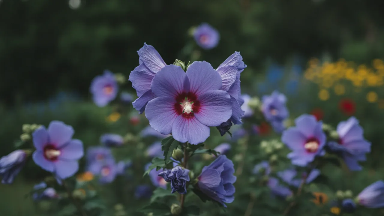 Rose of Sharon (Hibiscus syriacus) - purple flowers, illustrated plant card