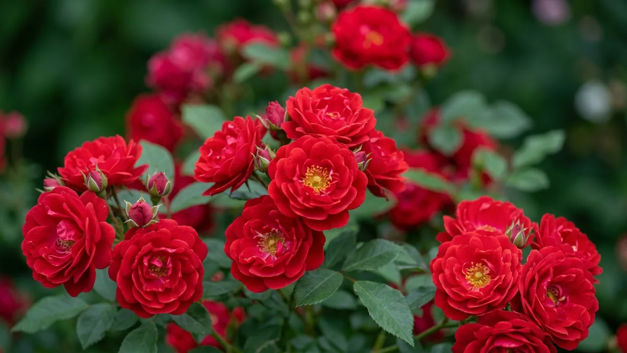 Oso Easy Double Red (Rosa 'Meipeporia') - red flowers, illustrated plant card