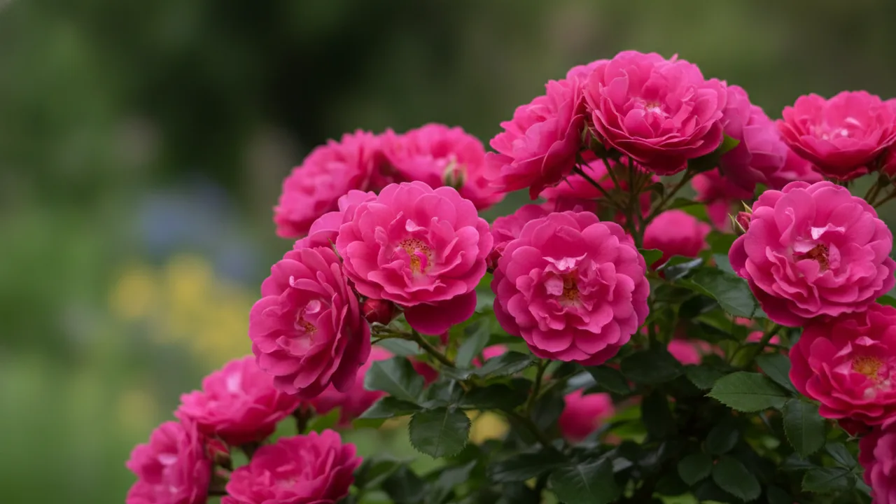 Shrub Rose (Rosa) - pink flowers, illustrated plant card