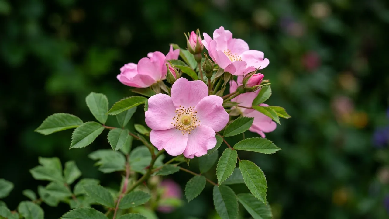 Smooth Rose (Rosa blanda) - pink flowers, illustrated plant card