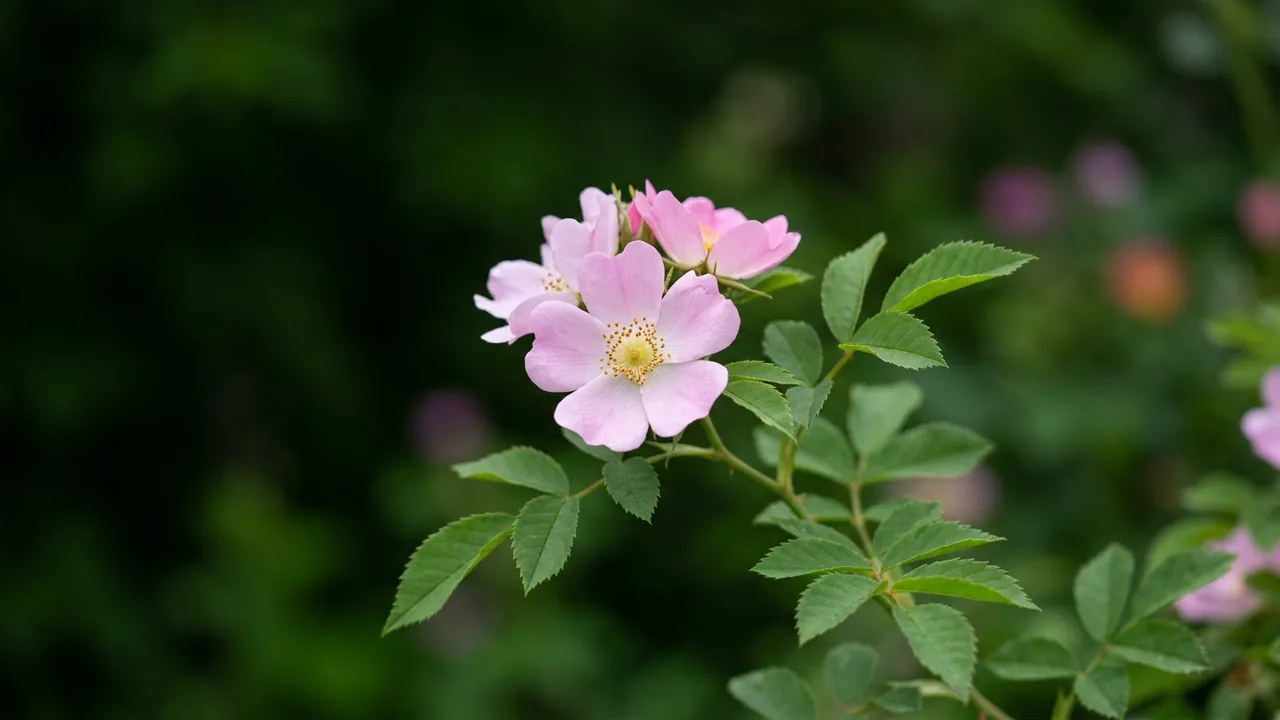 Virginia Rose (Rosa virginiana) - pink flowers, illustrated plant card