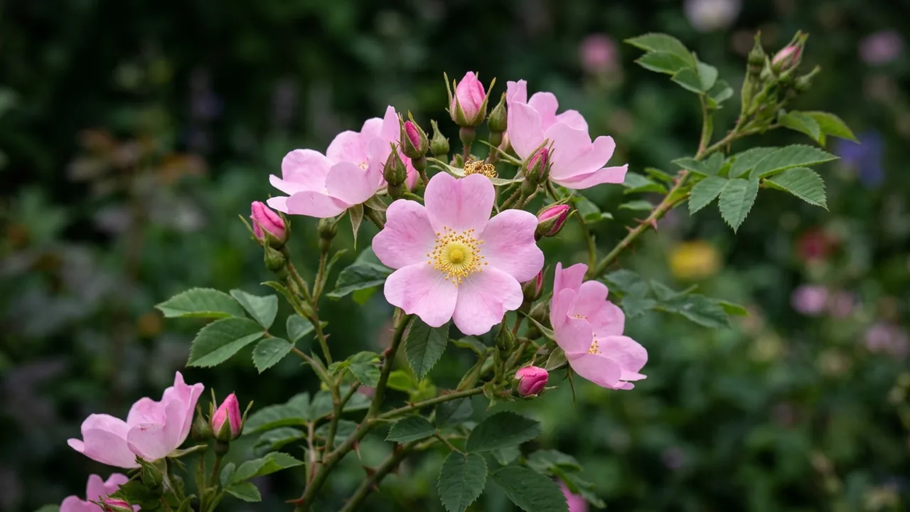 Woods' Rose (Rosa woodsii) - pink flowers, illustrated plant card