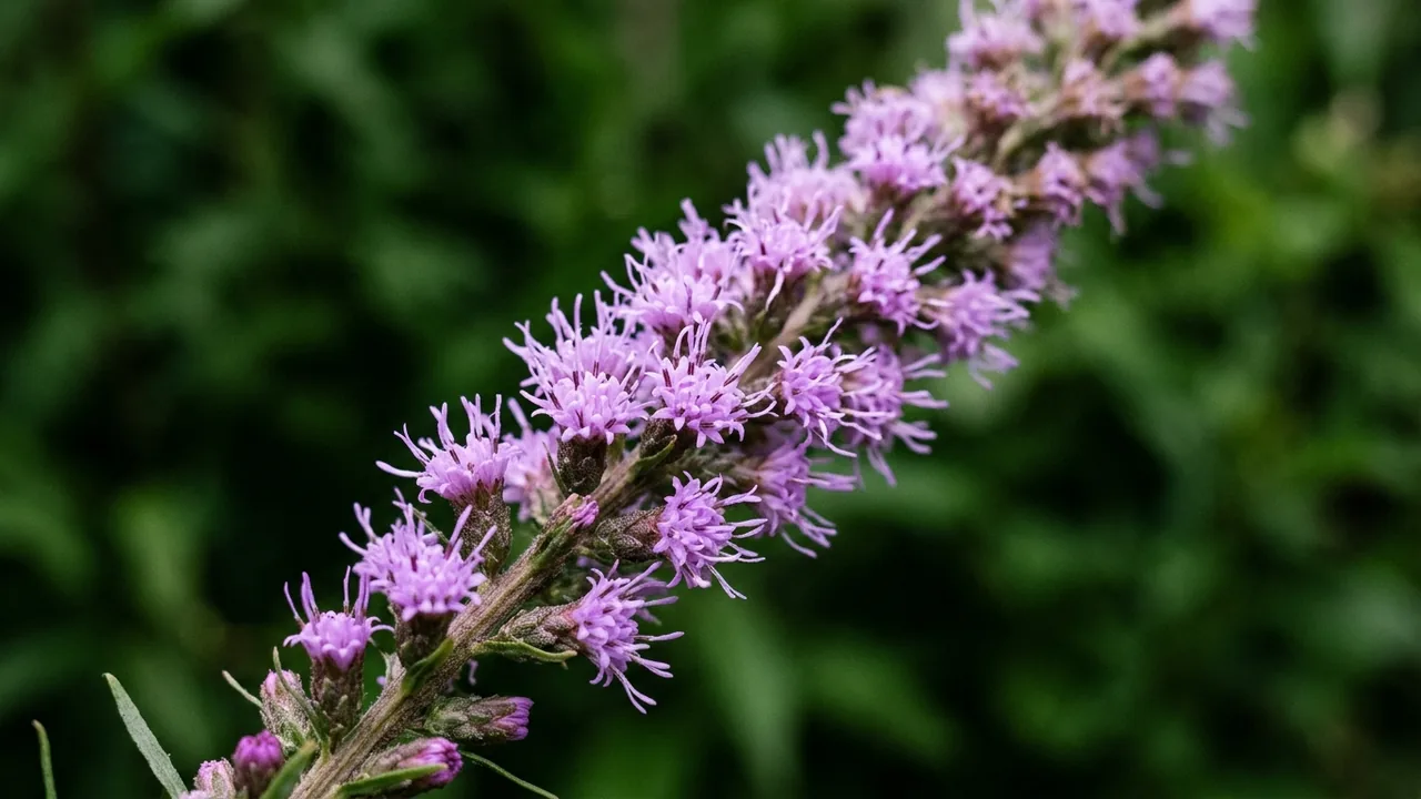 Rough Blazing Star (Liatris aspera) - purple flowers, illustrated plant card