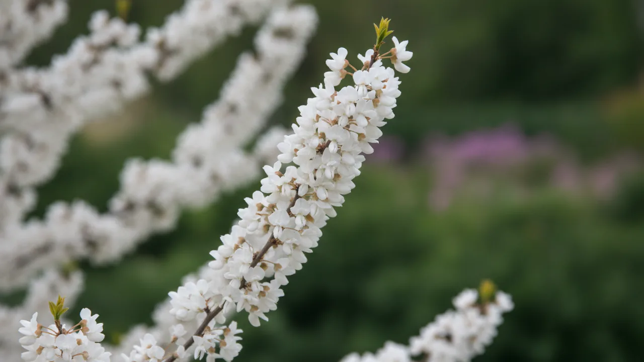 Royal White Redbud (Cercis canadensis f. alba 'Royal White') - white flowers, illustrated plant card