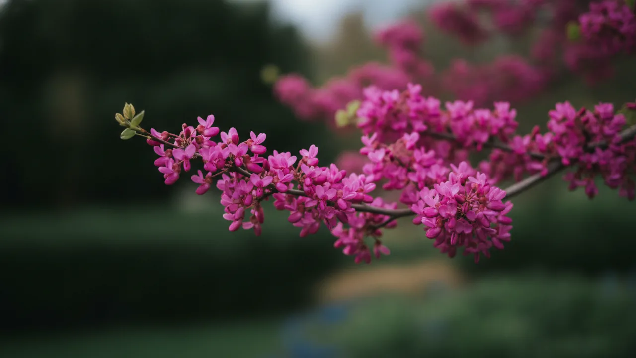 Ruby Falls (Cercis canadensis 'Ruby Falls') - pink flowers, illustrated plant card