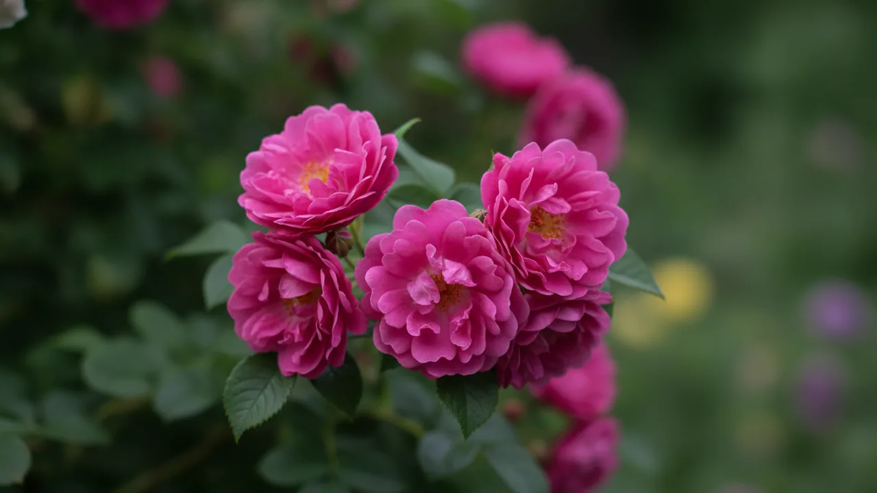 Rugosa Rose (Rosa rugosa) - pink flowers, illustrated plant card