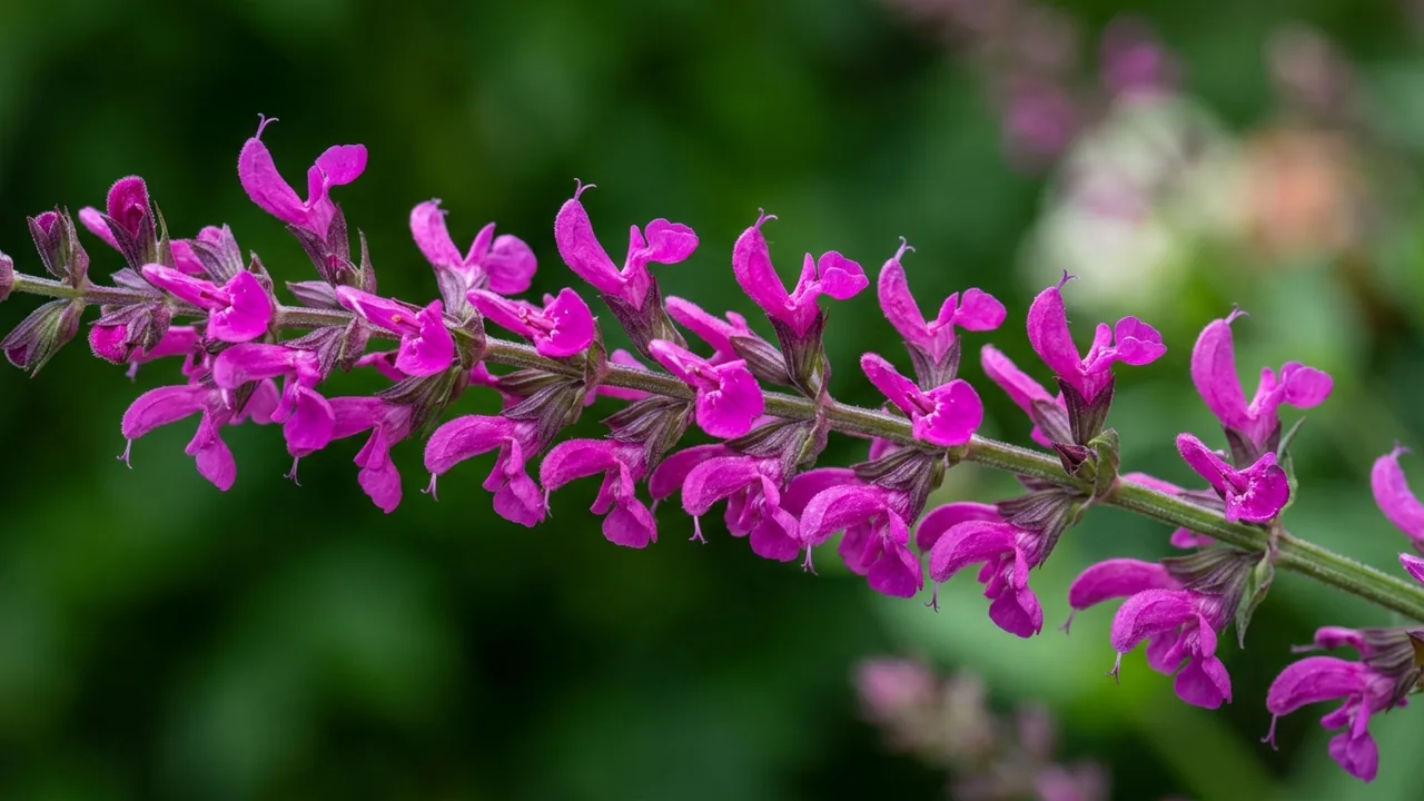 Color Spires Back to the Fuchsia Salvia (Salvia 'Back to the Fuchsia') - pink flowers, illustrated plant card