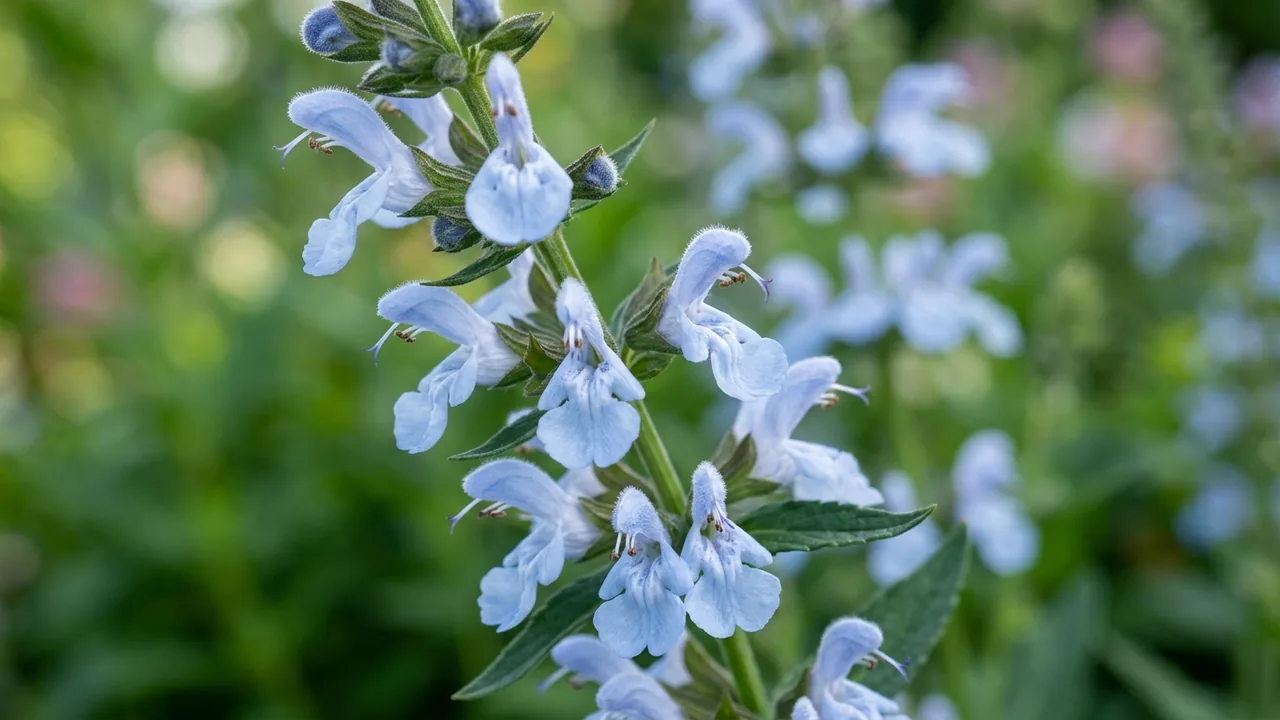 Color Spires Crystal Blue Salvia (Salvia × sylvestris 'Crystal Blue') - blue flowers, illustrated plant card