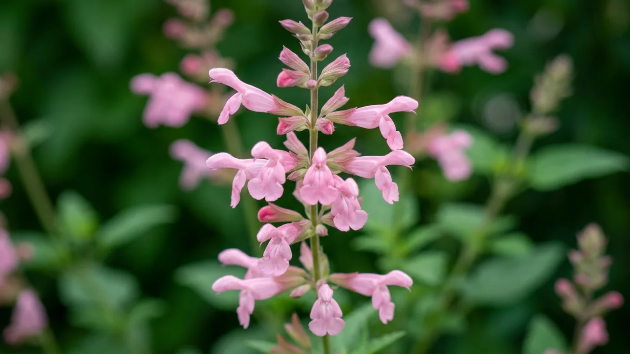 Color Spires Pink Dawn Salvia (Salvia 'Pink Dawn') - pink flowers, illustrated plant card