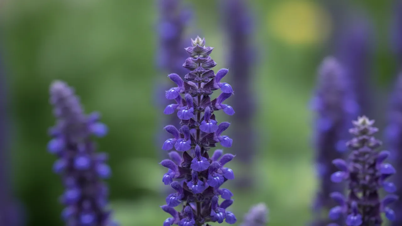 May Night (Salvia nemorosa 'Mainacht') - purple flowers, illustrated plant card