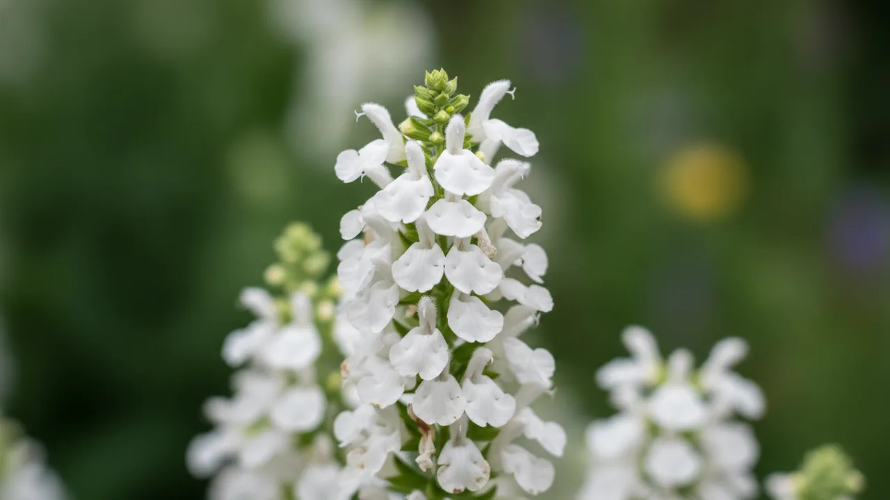 Snow Hill (Salvia × sylvestris 'Schneehügel') - white flowers, illustrated plant card