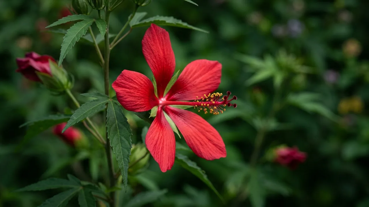 Scarlet Rosemallow (Muenchhusia coccinea) - red flowers, illustrated plant card