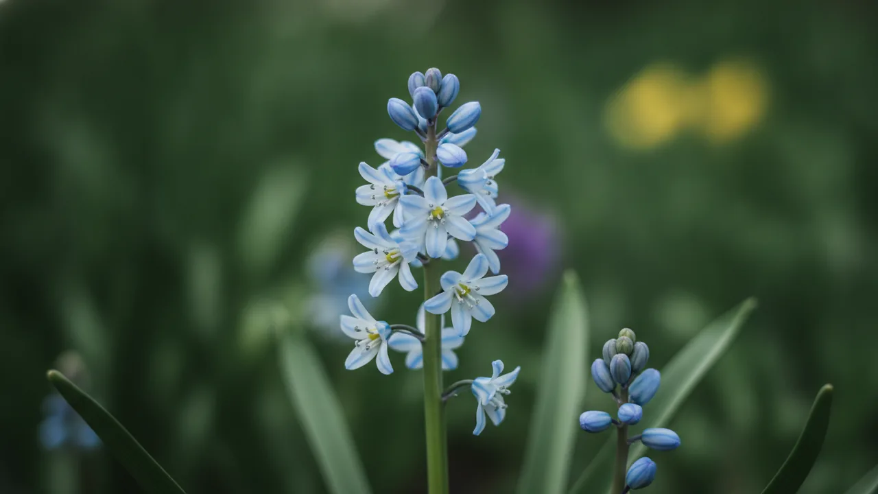 Early Squill (Scilla mischtschenkoana) - blue flowers, illustrated plant card