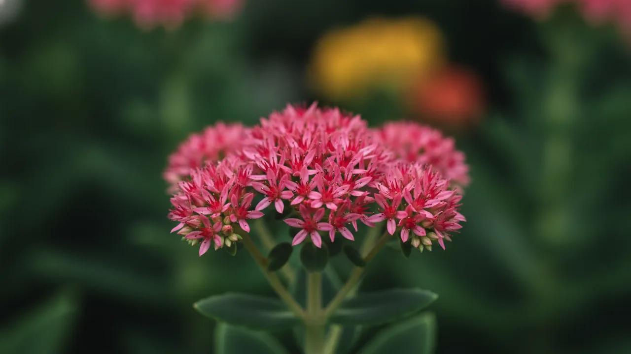 Autumn Fire (Hylotelephium 'Autumn Fire') - red flowers, illustrated plant card