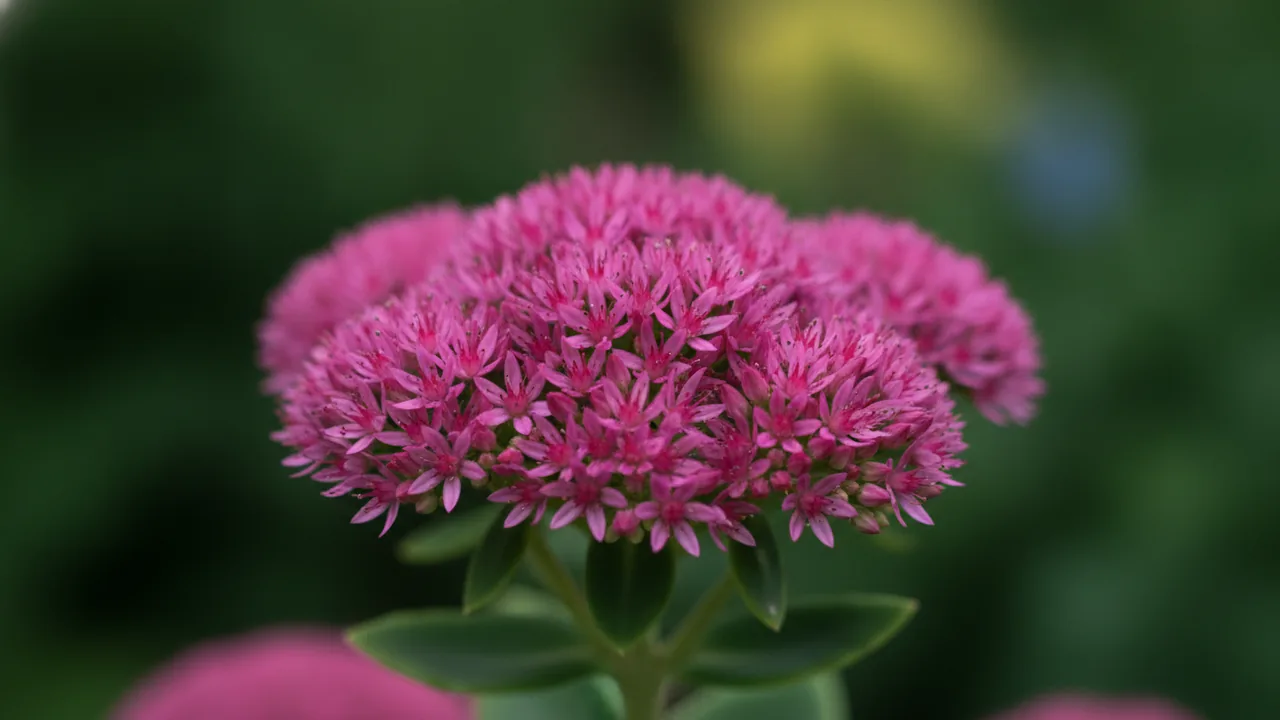 Brilliant Sedum (Hylotelephium spectabile 'Brilliant') - pink flowers, illustrated plant card