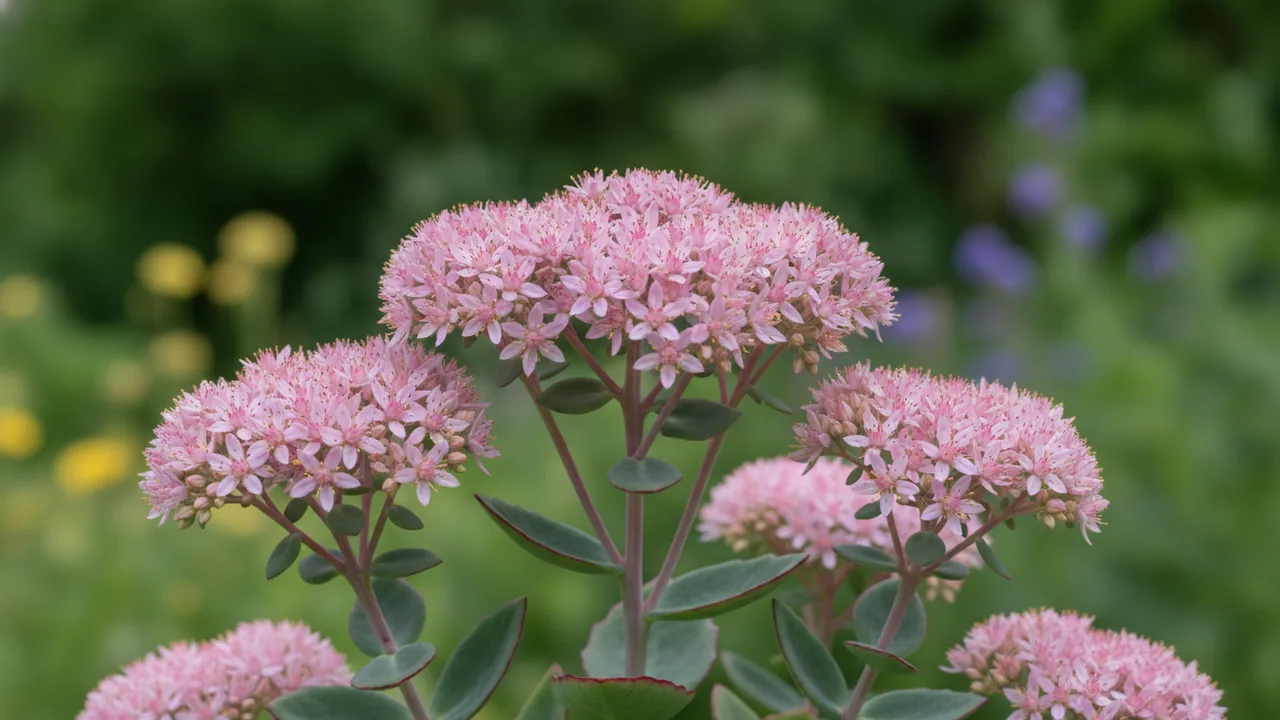Matrona (Hylotelephium 'Matrona') - pink flowers, illustrated plant card