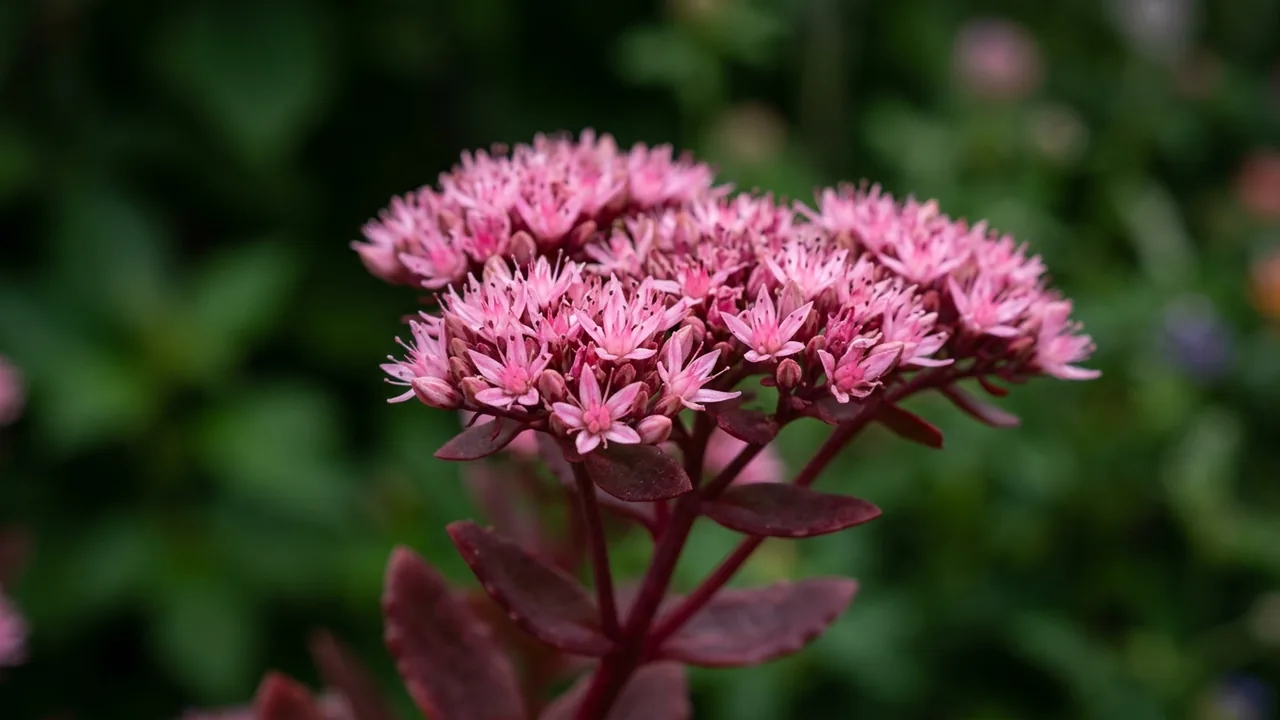 SunSparkler Firecracker (Hylotelephium 'Firecracker') - pink flowers, illustrated plant card