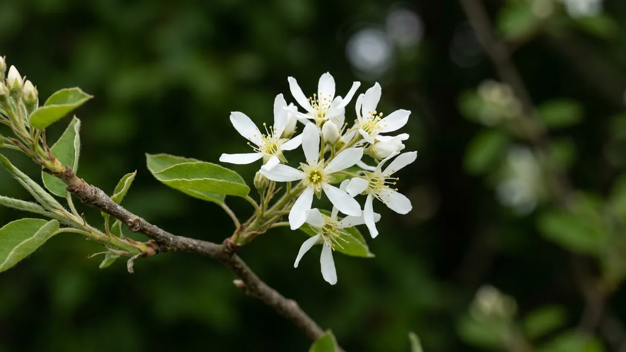 Shadblow Serviceberry (Amelanchier canadensis) - white flowers, illustrated plant card