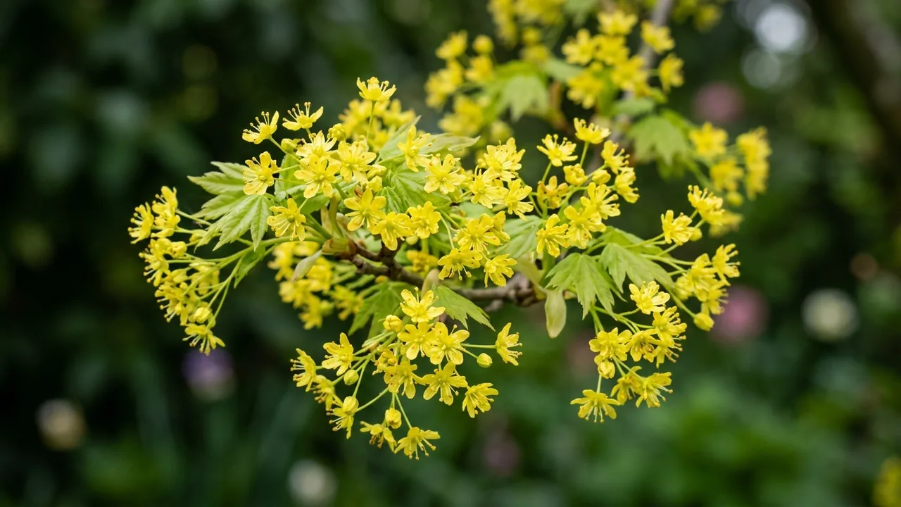 Shantung Maple (Acer truncatum) - yellow flowers, illustrated plant card