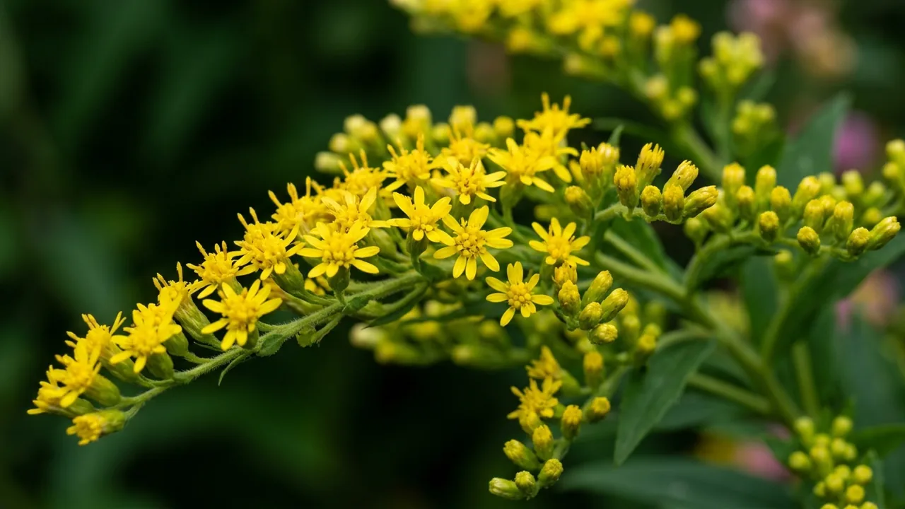 Showy Goldenrod (Solidago speciosa) - yellow flowers, illustrated plant card