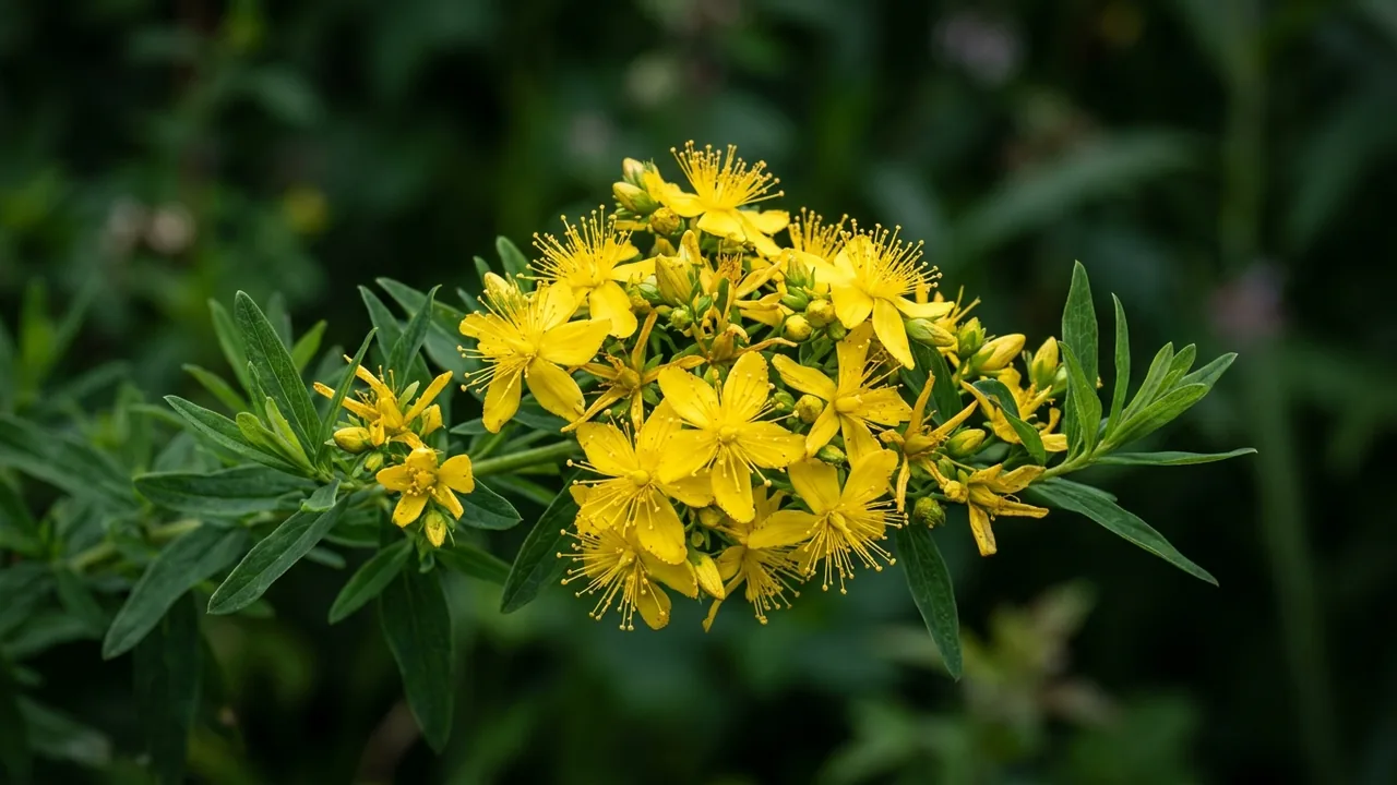 Shrubby St. John's Wort (Hypericum prolificum) - yellow flowers, illustrated plant card