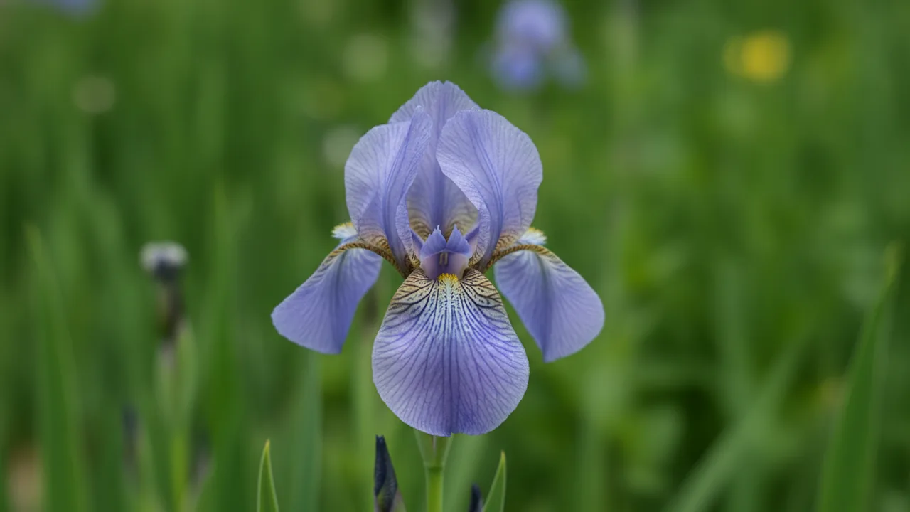 Siberian Iris (Iris sibirica) - purple flowers, illustrated plant card