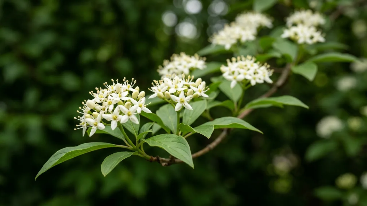 Silky Dogwood (Cornus amomum) - white flowers, illustrated plant card