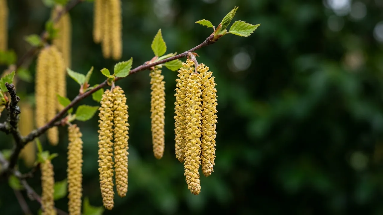 Silver Birch (Betula pendula) - yellow flowers, illustrated plant card