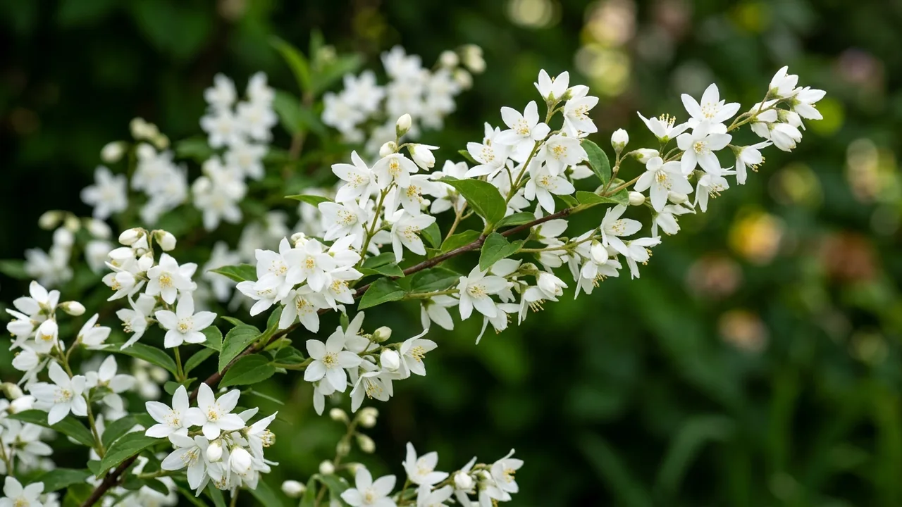 Slender Deutzia (Deutzia gracilis) - white flowers, illustrated plant card