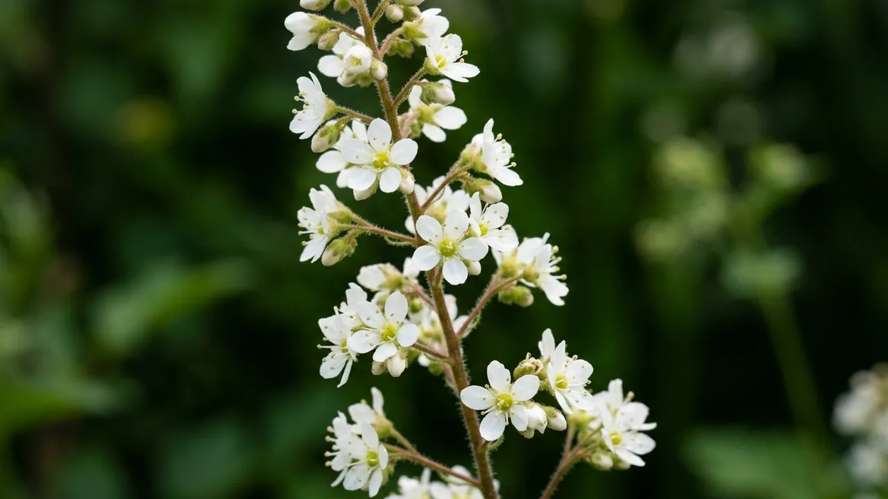 Small-Flowered Alumroot (Heuchera micrantha) - white flowers, illustrated plant card