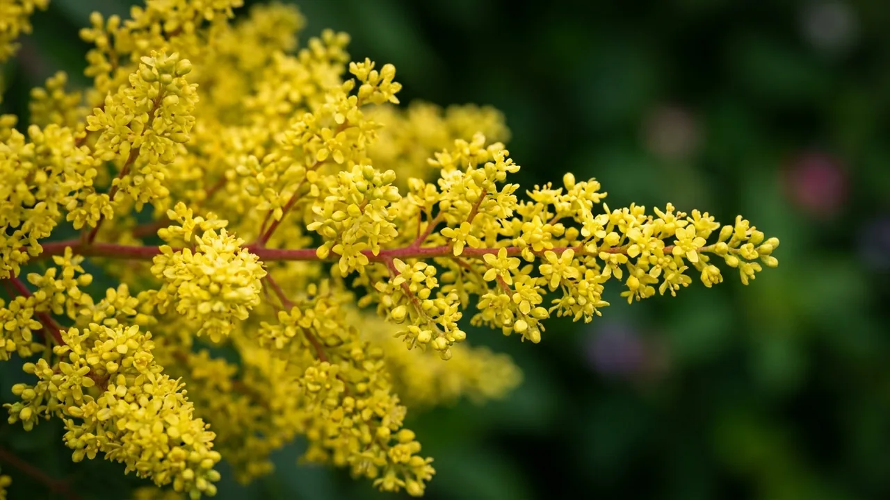 Smooth Sumac (Rhus glabra) - yellow flowers, illustrated plant card