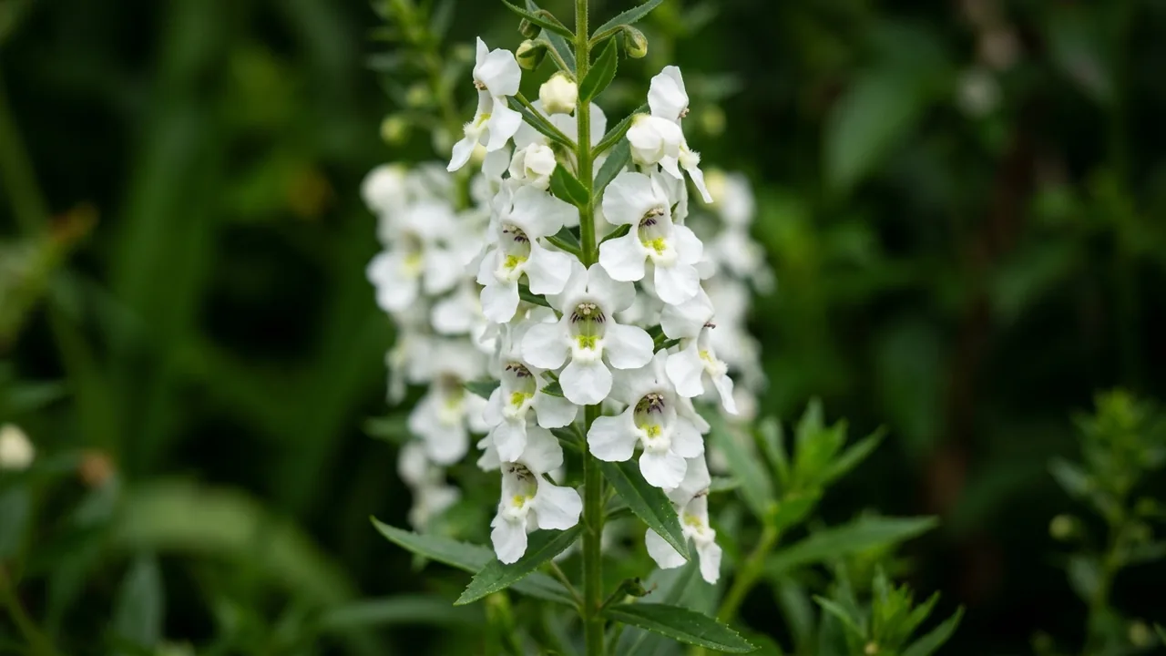 Angelface White Summer Snapdragon (Angelonia 'Anwhitim') - white flowers, illustrated plant card