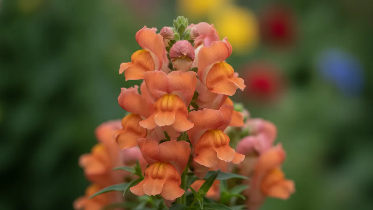 Bronze Snapdragon (Antirrhinum 'Bronze') - orange flowers, illustrated plant card