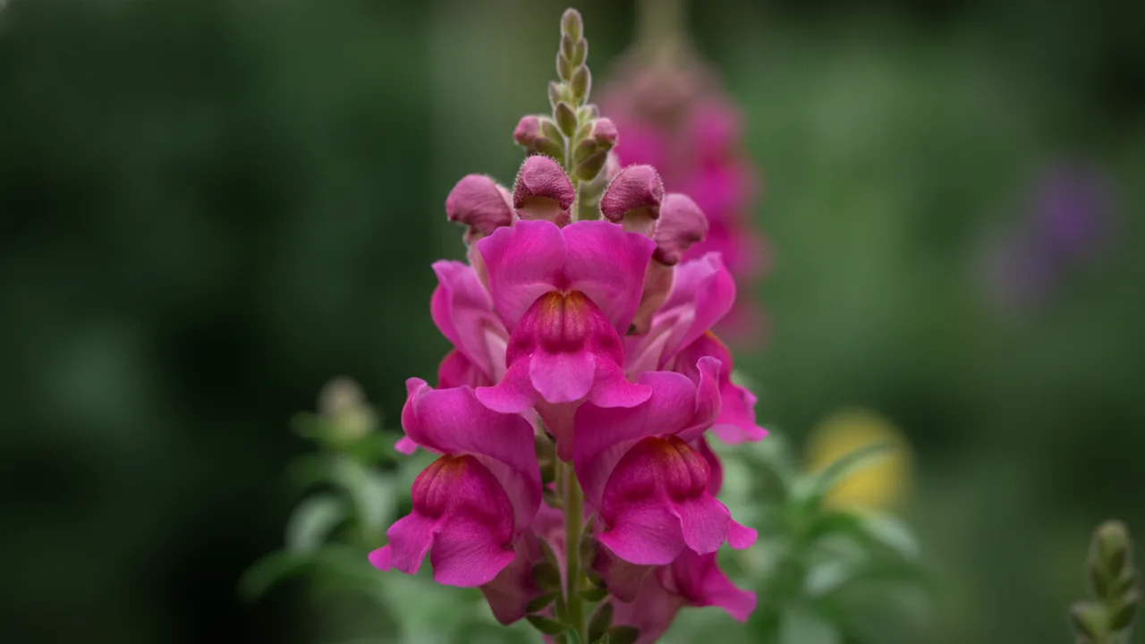 Purple Snapdragon (Antirrhinum 'Purple') - purple flowers, illustrated plant card