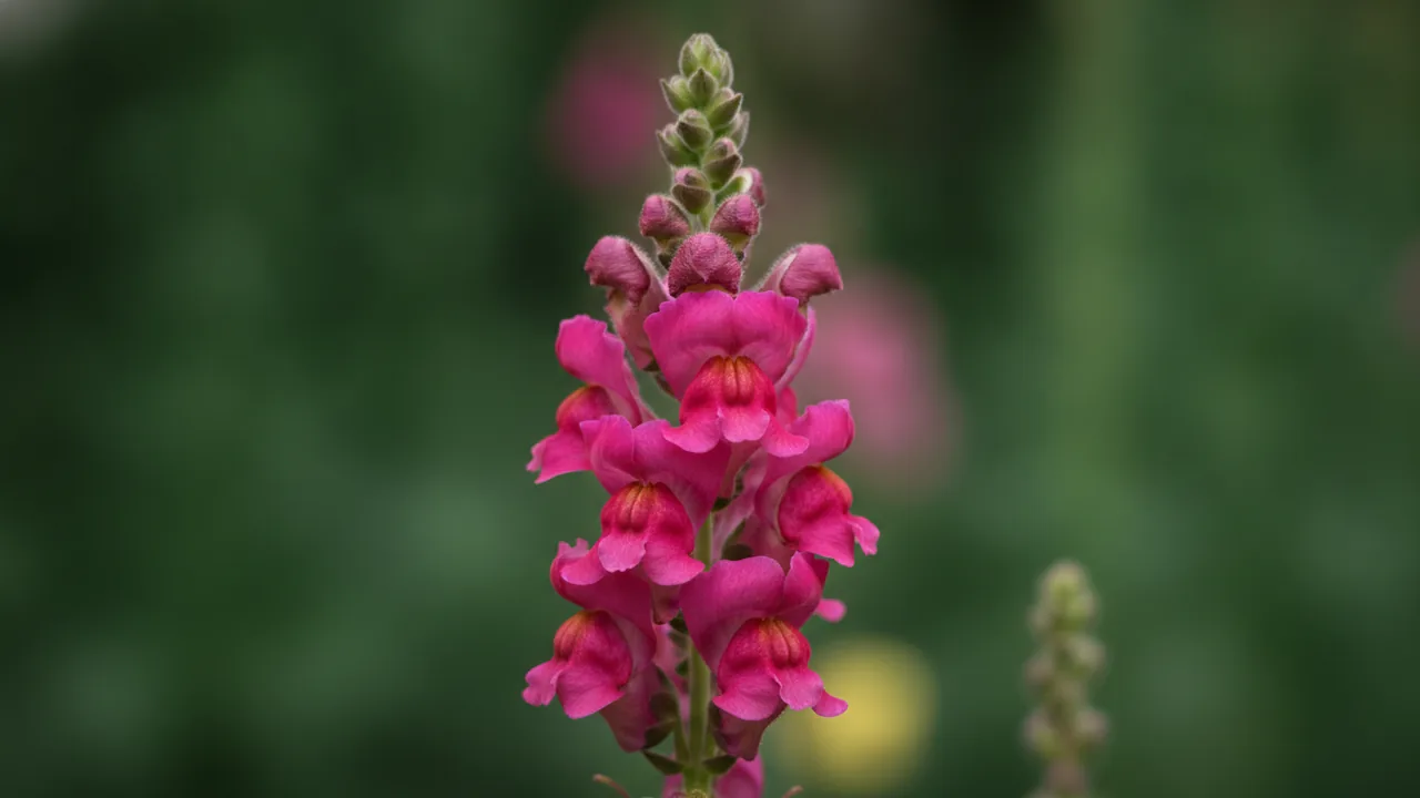 Rocket Snapdragon (Antirrhinum 'Rocket') - pink flowers, illustrated plant card