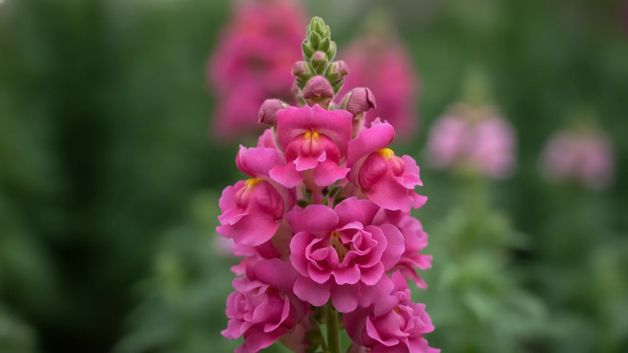 Rose Snapdragon (Antirrhinum 'Rose') - pink flowers, illustrated plant card