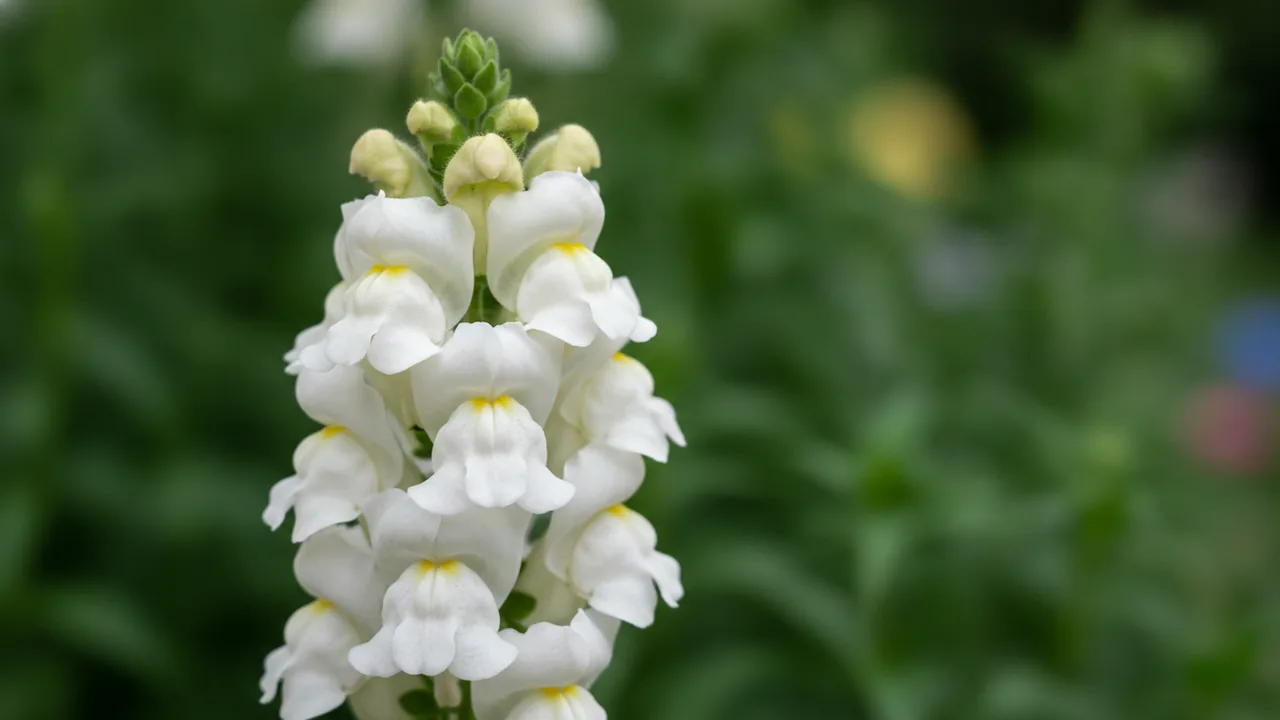 White Snapdragon (Antirrhinum 'White') - white flowers, illustrated plant card