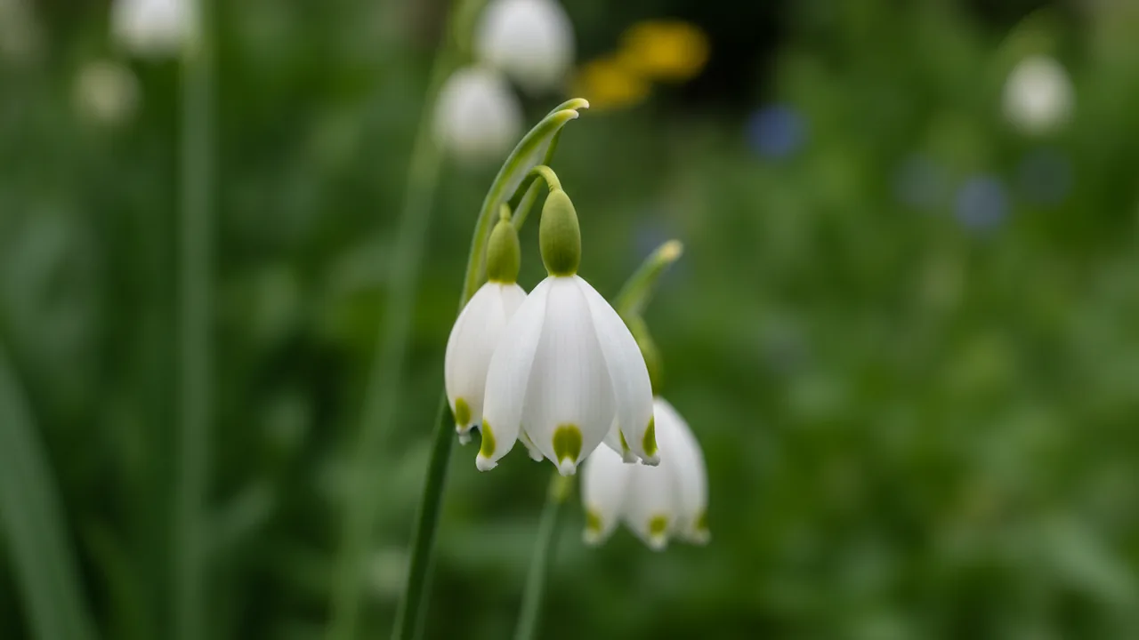 Gravetye Giant (Leucojum aestivum 'Gravetye Giant') - white flowers, illustrated plant card