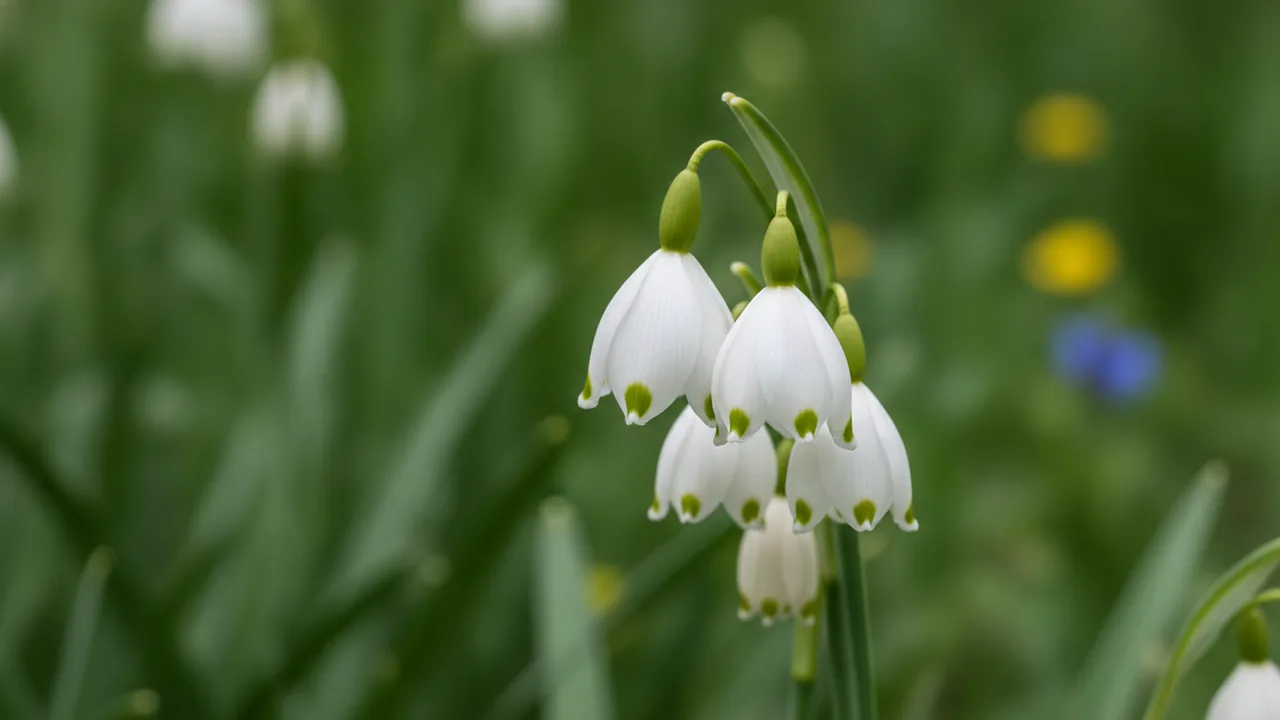 Summer Snowflake (Leucojum aestivum) - white flowers, illustrated plant card