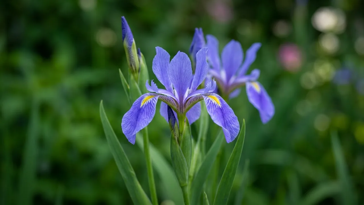Southern Blue Flag (Iris virginica) - blue flowers, illustrated plant card