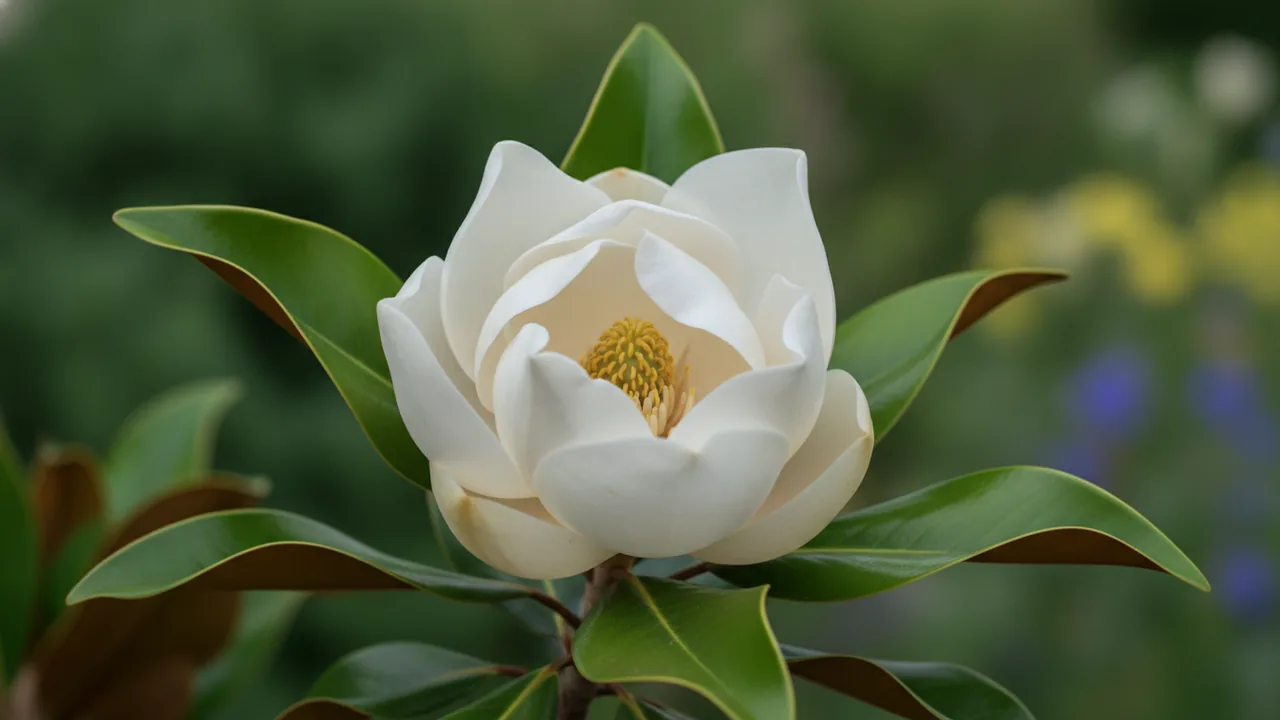Southern Magnolia (Magnolia grandiflora) - white flowers, illustrated plant card