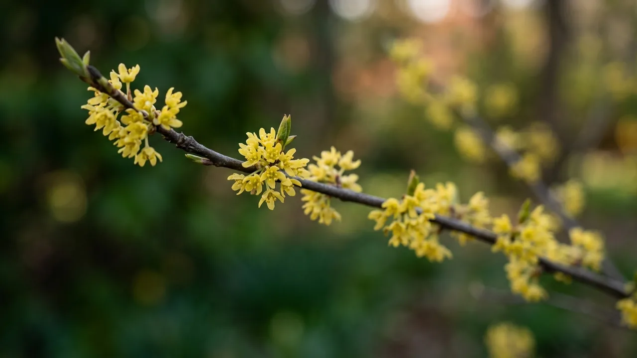 Spicebush (Lindera benzoin) - yellow flowers, illustrated plant card