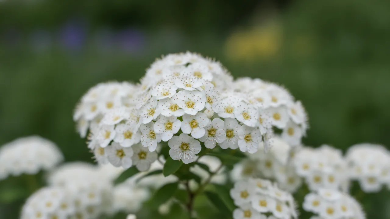 Bridal Wreath (Spiraea × vanhouttei) - white flowers, illustrated plant card