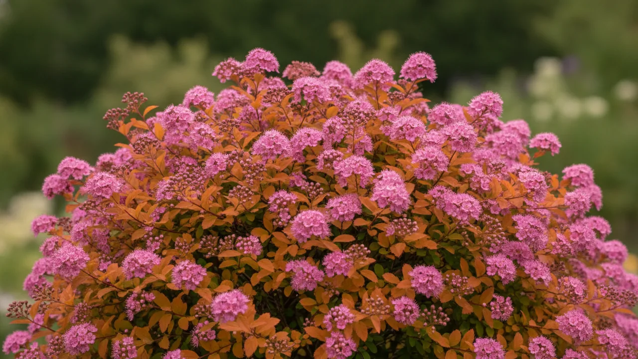 Double Play Big Bang (Spiraea 'Double Play Big Bang') - pink flowers, illustrated plant card