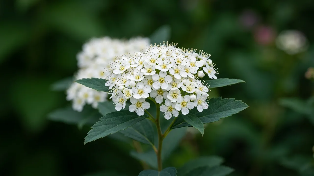 Double Play Blue Kazoo Spirea (Spiraea media 'Smsmbk') - white flowers, illustrated plant card