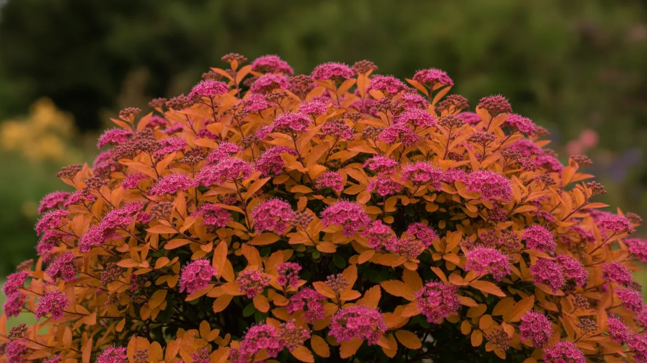 Double Play Candy Corn (Spiraea 'Double Play Candy Corn') - pink flowers, illustrated plant card