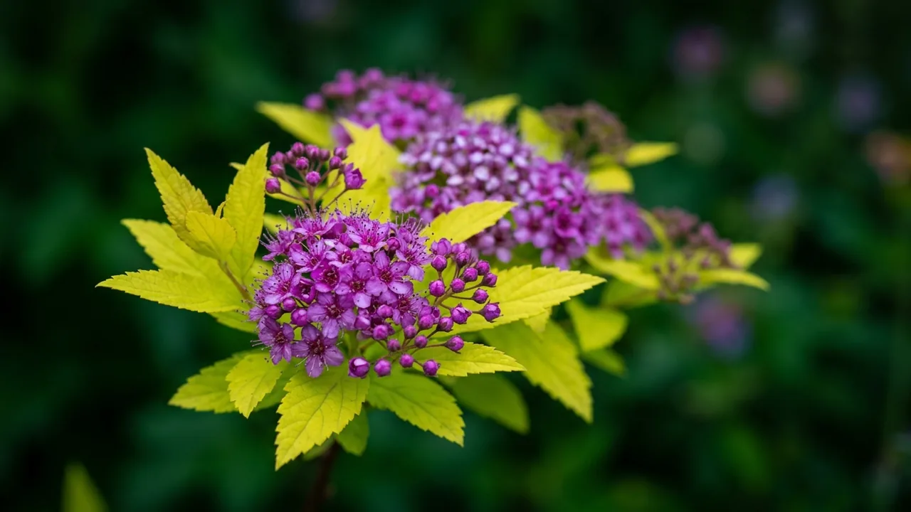 Double Play Dolly Spirea (Spiraea japonica 'Smnsjsa') - purple flowers, illustrated plant card