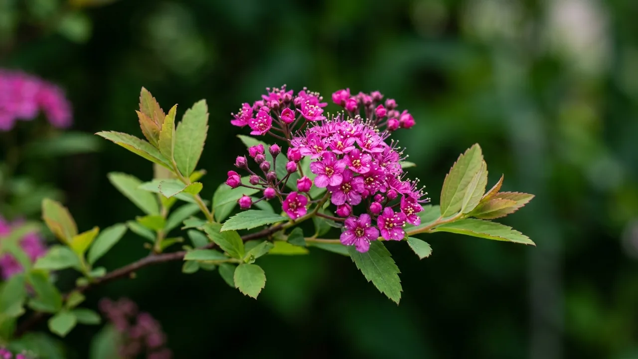 Double Play Doozie Spirea (Spiraea 'Ncsx2') - red flowers, illustrated plant card