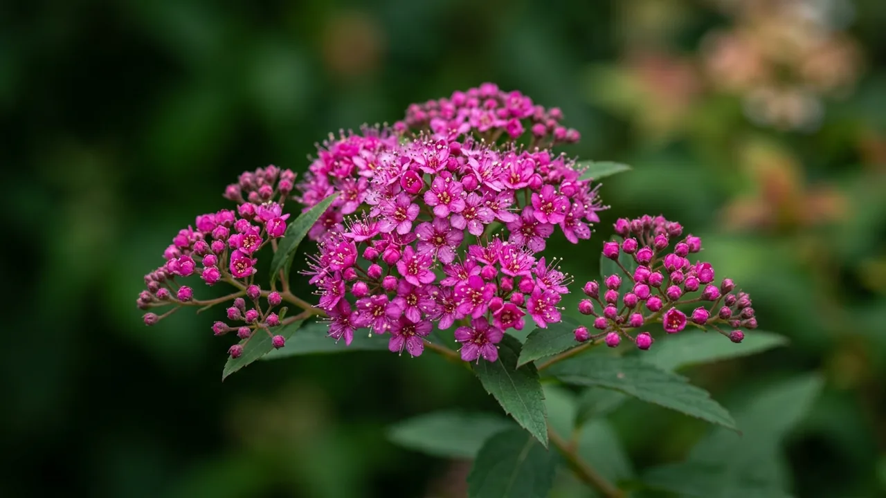 Double Play Princess Spirea (Spiraea japonica 'Farrowsjko') - pink flowers, illustrated plant card