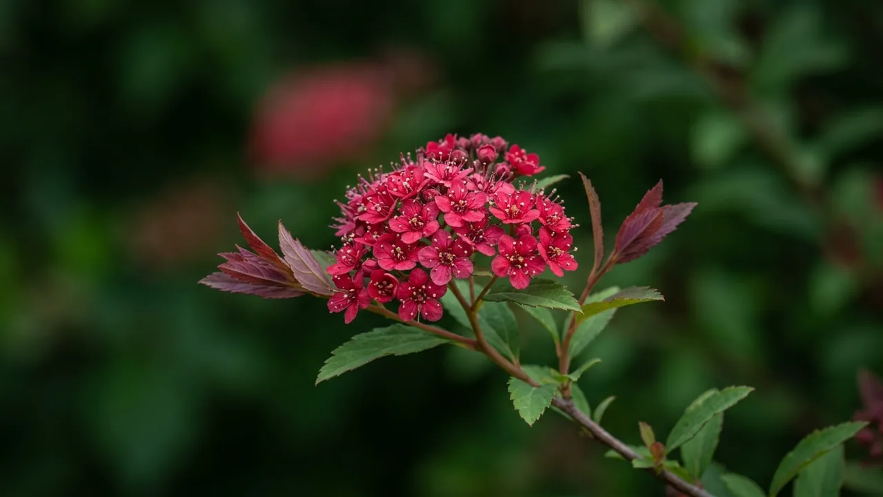 Double Play Red Spirea (Spiraea japonica 'Smnsjmfr') - red flowers, illustrated plant card